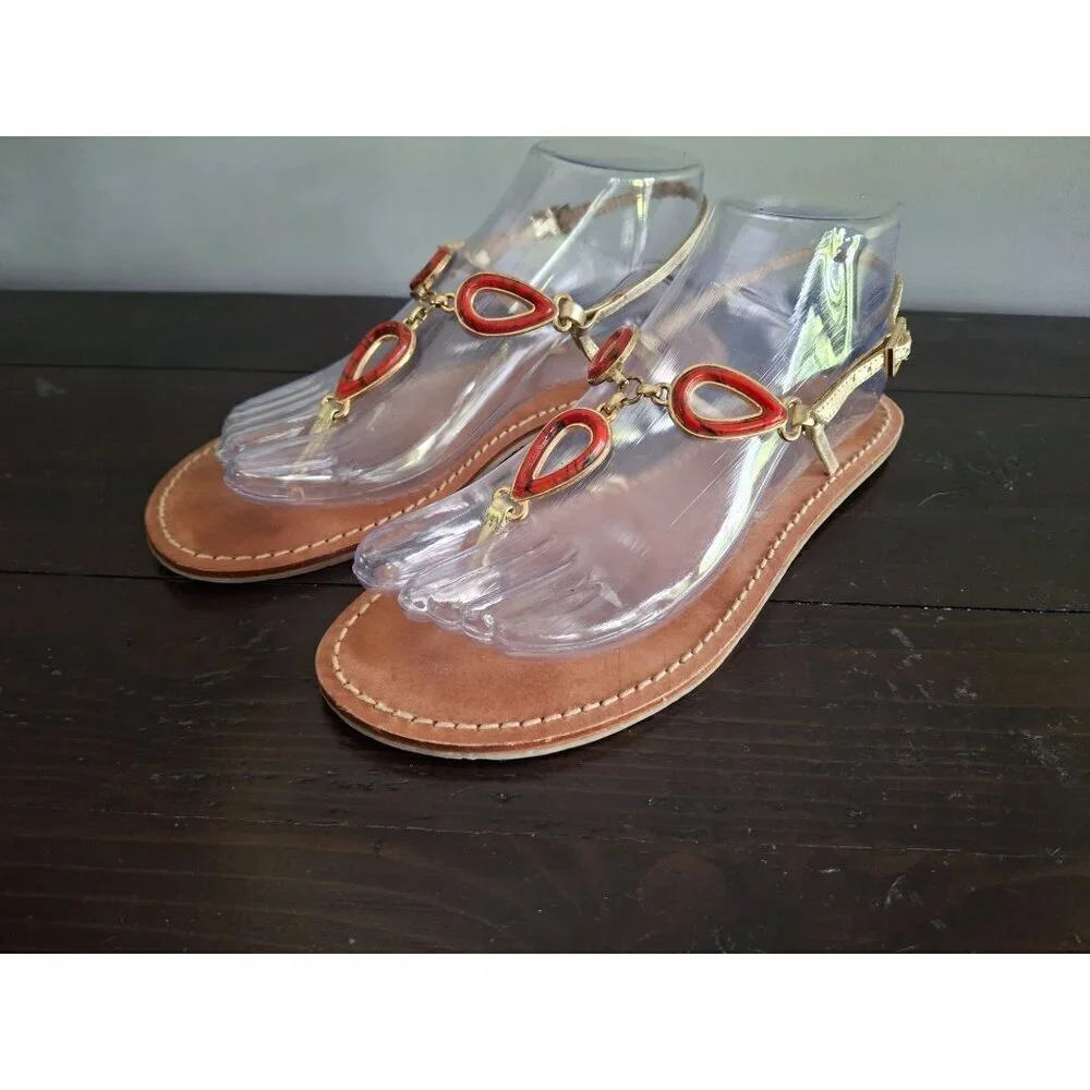 EUC Yellow Box Leather Sandals with Gold Straps and Red Teardrop Embellishments/ - Picture 3 of 9